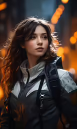 a girl in a leather jacket is standing in the dark