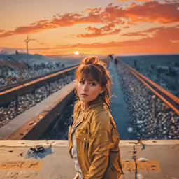 a woman stands with her head turned while a train goes by in the background