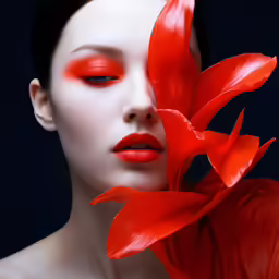 a woman with red makeup and long eyelashes holds a large red flower