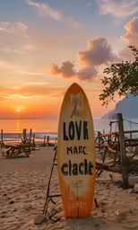 a surf board standing up against the beach saying love is mard glac