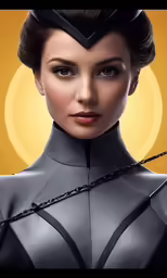 a woman with cat - suit and headpieces is staring ahead