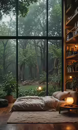 this bedroom has glass walls that overlook a lush forest