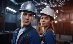 two workers, one wearing a hardhat and the other in overalls