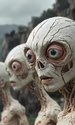three humanoids are walking in the mountains and some rocks