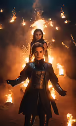 a man with two girls in front of a fire filled field