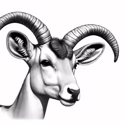 the image is of a goat with large horns