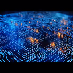 close up view of blue circuit board