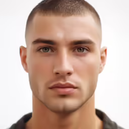 a young man with a shaved head wearing a gray shirt