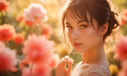 an asian woman poses for the camera, with many flowers in the background