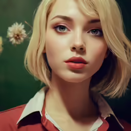portrait of woman with flowers on background wearing red shirt