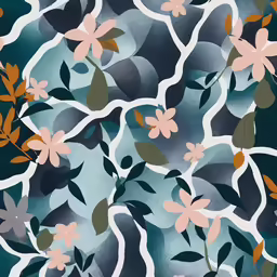 a pattern with flowers and leaves in blue, brown, grey and white