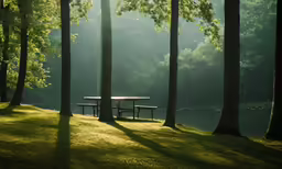 a picnic table sits in the shade near some trees