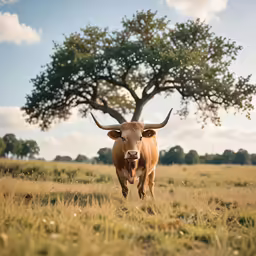 a bull with large horns walking on an open field