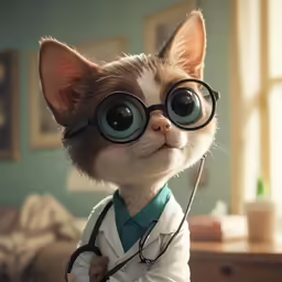 a cat wearing eye glasses and a white lab coat