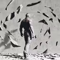 man walking past some random art pieces on the wall
