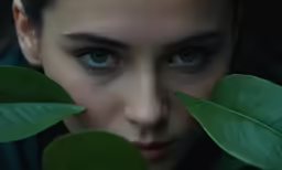 a woman peering into a leaf with blue eyes