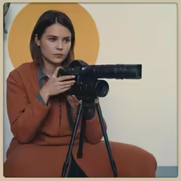 the woman is sitting on the ground with the camera