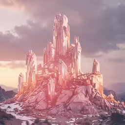 a futuristic castle like structure surrounded by mountains