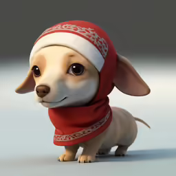 an animated dog wearing a scarf and hat