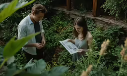 a man and woman standing in plants looking at a newspaper