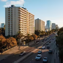 a group of cars on a highway near tall buildings