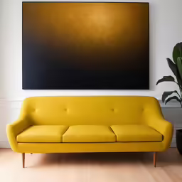 a yellow couch sits in front of a dark art work
