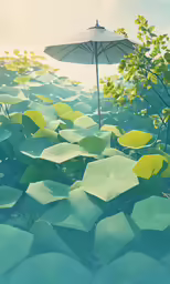 a group of umbrellas standing above water with leaves