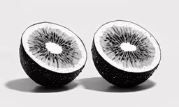 two pieces of fruit sit in a white background