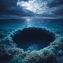 a large blue sea with lots of green plants growing out of the water
