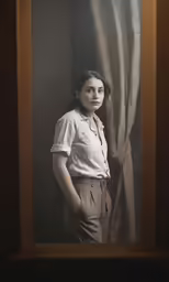 a woman is standing in front of the window