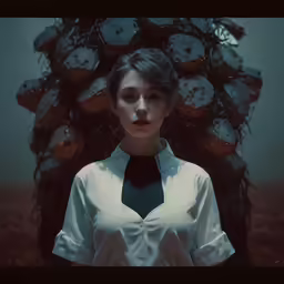 a woman posing in front of a pile of clocks