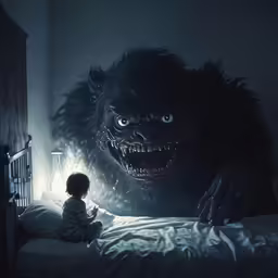 a little kid sitting on a bed in front of a giant black monster