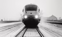 the train is on the tracks and has headlights on
