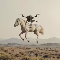 a white horse with an aerial camera on its back