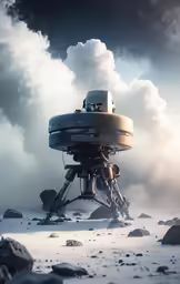 a sci fiction scene with a large machine in the snow