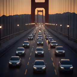 the cars are driving on the road near the bridge
