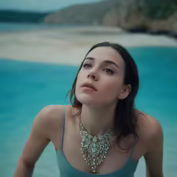 woman looking off into distance near beach with turquoise water