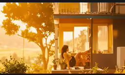 two people sitting on a porch with a view