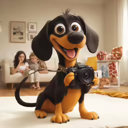 a cartoon dog is holding a camera on the rug