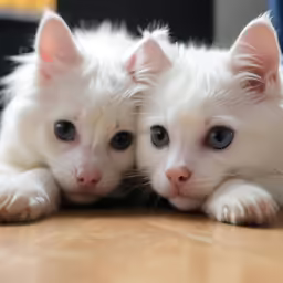 a couple of white kittens laying down next to each other