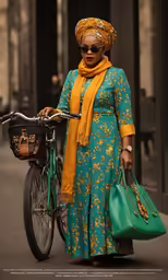 woman in a turquoise dress walking by a bike with green bags