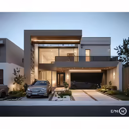 a two story modern home with a driveway and car