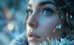 there is a girl with blue eyes wearing fur