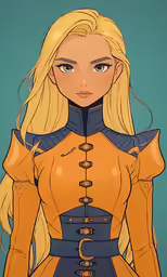 a drawing of a woman with blonde hair wearing blue and orange