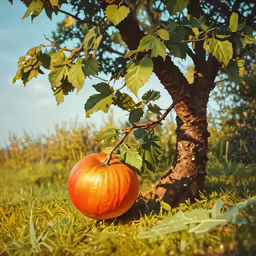 an orange pumpkin on the grass beneath a tree