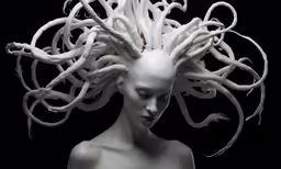a female figure wearing a white head with white wires on its hair