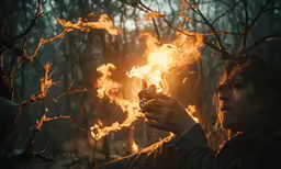 a woman holding a lighter in front of a bright fire