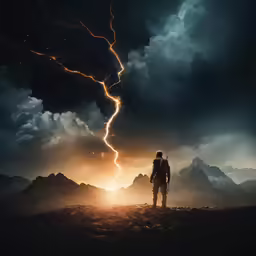 a man looks up at a bolt striking from a dark sky