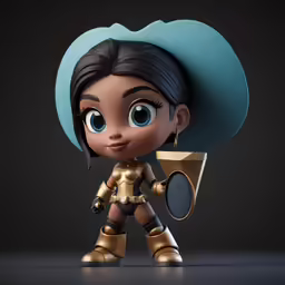 a doll is shown holding a speaker and wearing a blue hat