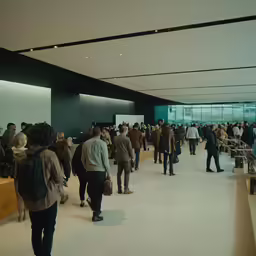 there are many people walking along the white floor